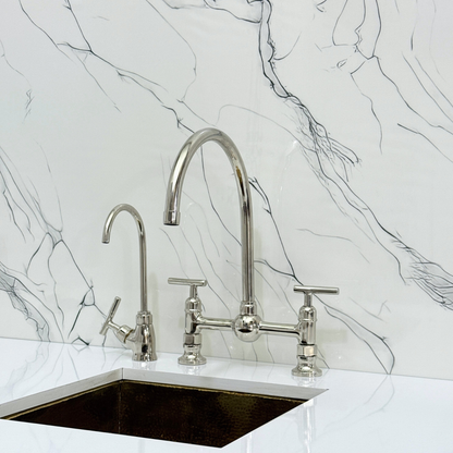 Polished Nickel Bridge Vintage Kitchen Faucet with Ball Center, Sprayer, Cold Water Faucet and Lever Handles
