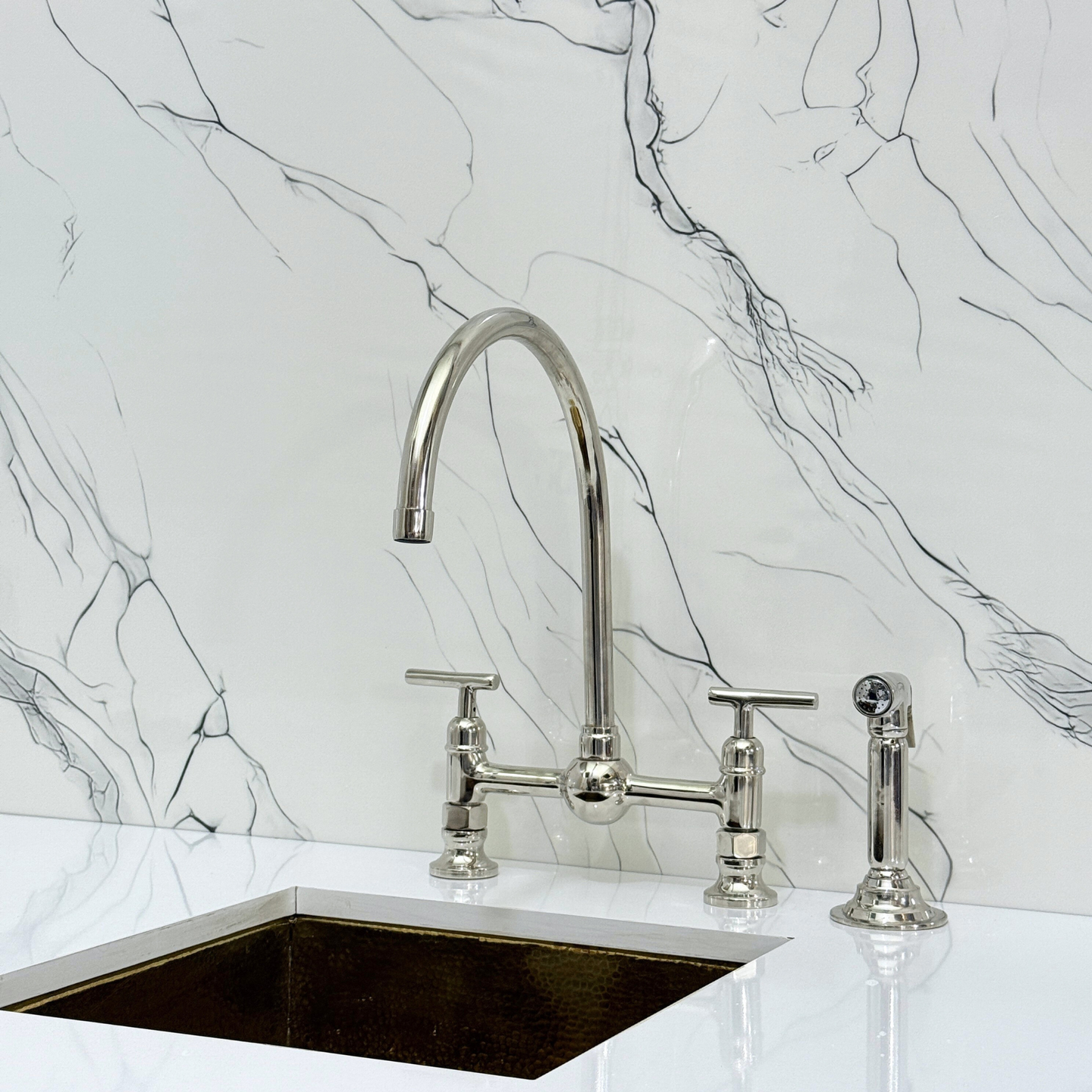 Polished Nickel Bridge Vintage Kitchen Faucet with Ball Center, Sprayer, Cold Water Faucet and Lever Handles