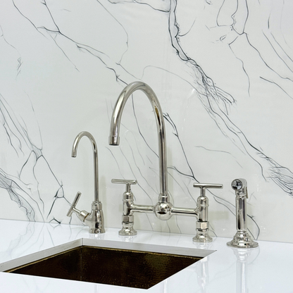 Polished Nickel Bridge Vintage Kitchen Faucet with Ball Center, Sprayer, Cold Water Faucet and Lever Handles