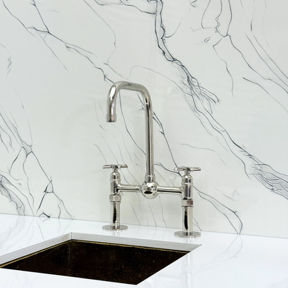 Polished Nickel Classic Bridge Faucet with Ball Center, Straight Legs, Sprayer, Cold Water Faucet and Cross Handles