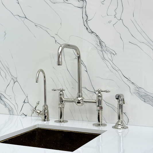 Polished Nickel Classic Bridge Faucet with Ball Center, Straight Legs, Sprayer, Cold Water Faucet and Lever Handles