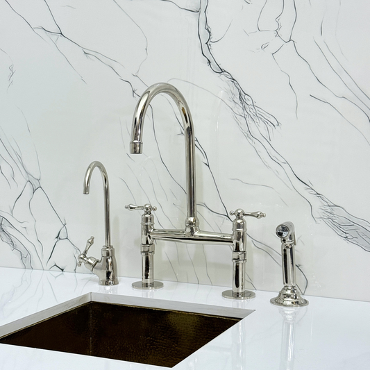 Polished Nickel Kitchen Bridge Faucet with Sprayer, Cold Water Faucet and Lever Handles