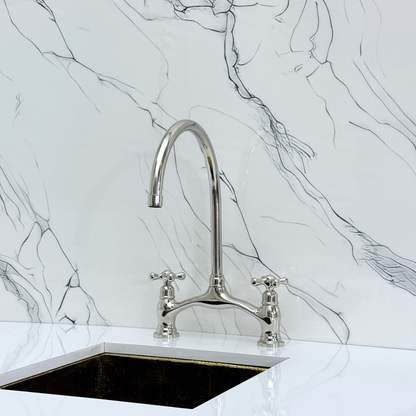 Polished Nickel Kitchen Bridge Faucet with Sprayer, Drinking Water Tap and Cross Handles