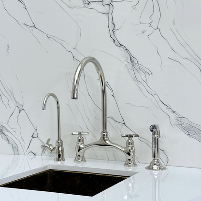 Polished Nickel Kitchen Bridge Faucet with Sprayer, Drinking Water Tap and Cross Handles