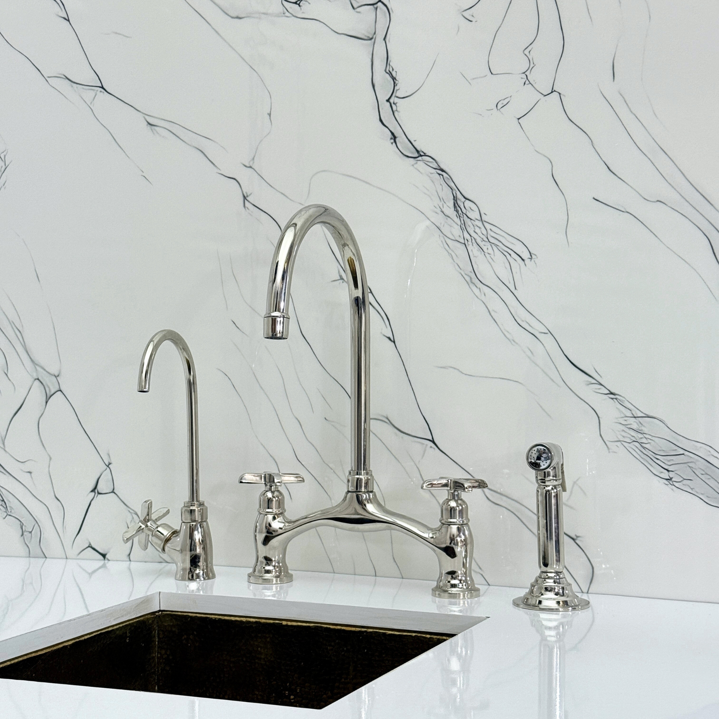Polished Nickel Kitchen Bridge Faucet with Drinking Water Tap, Sprayer, and Cross Handles