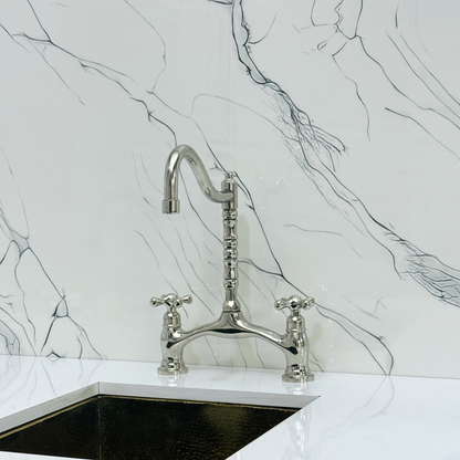 Polished Nickel Victorian Bridge Kitchen Faucet with Sprayer, Drinking Water Tap and Cross Handles