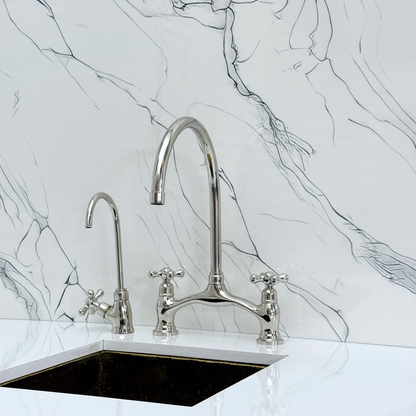 Polished Nickel Kitchen Bridge Faucet with Sprayer, Drinking Water Tap and Cross Handles