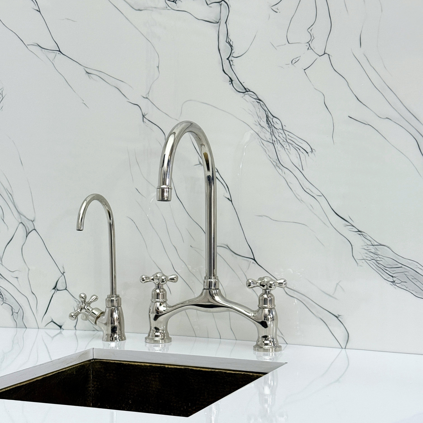 Polished Nickel Kitchen Bridge Faucet with Drinking Water Tap, Sprayer, and Cross Handles