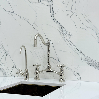 Polished Nickel Victorian Bridge Kitchen Faucet with Sprayer, Drinking Water Tap and Cross Handles