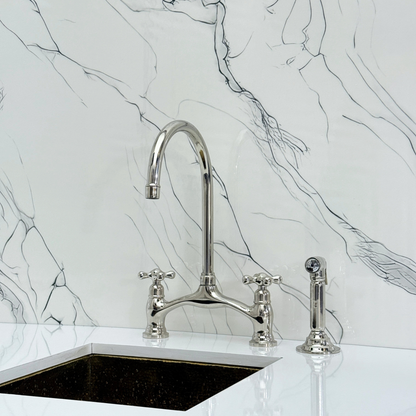Polished Nickel Kitchen Bridge Faucet with Drinking Water Tap, Sprayer, and Cross Handles