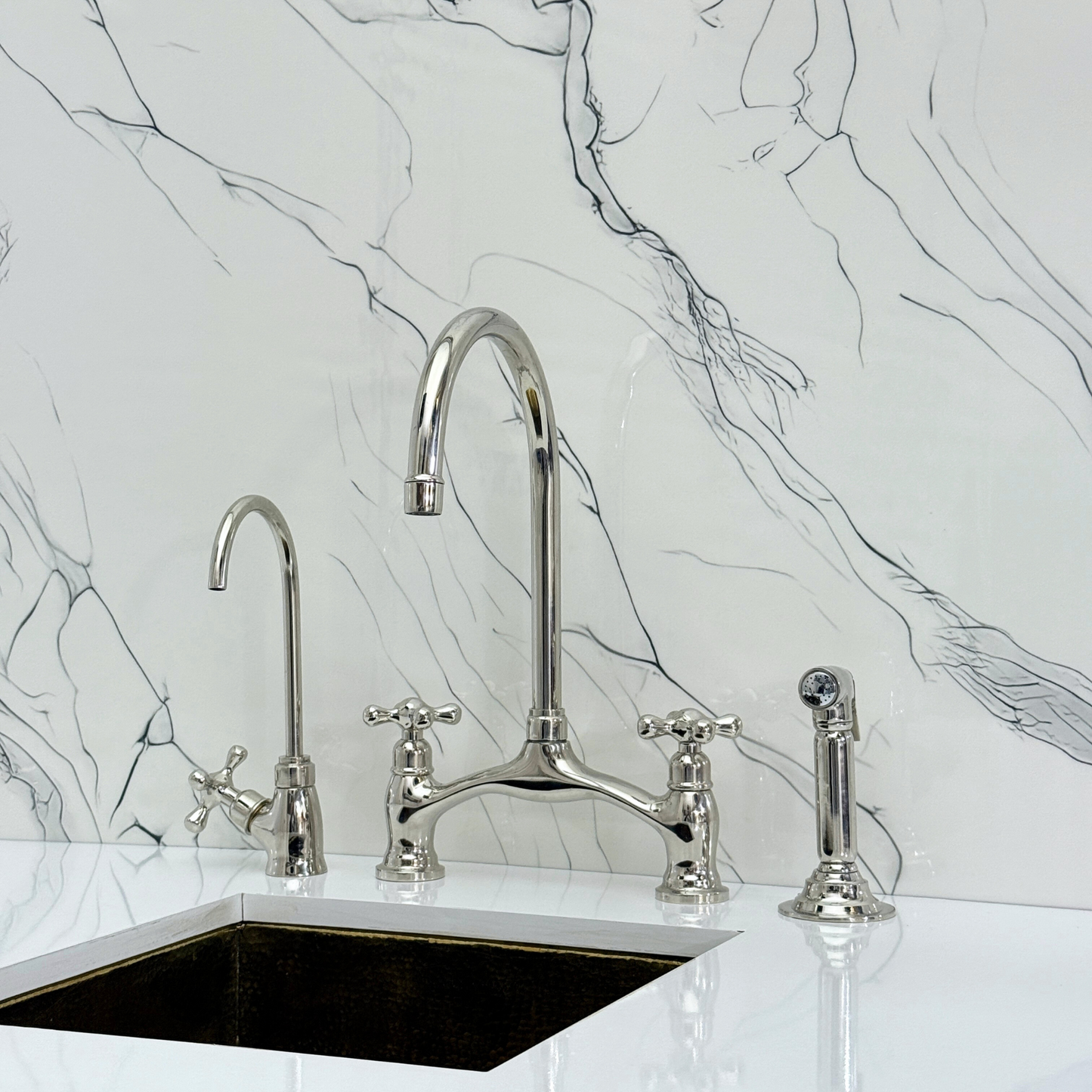 Polished Nickel Kitchen Bridge Faucet with Drinking Water Tap, Sprayer, and Cross Handles