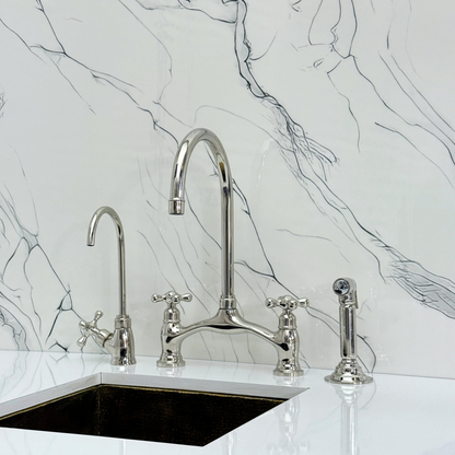 Polished Nickel Kitchen Bridge Faucet with Drinking Water Tap, Sprayer, and Cross Handles