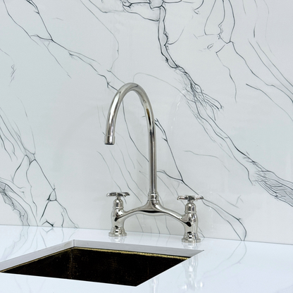 Polished Nickel Kitchen Bridge Faucet with Sprayer, Drinking Water Tap and Cross Handles