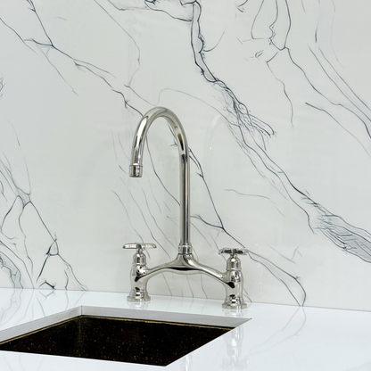 Polished Nickel Kitchen Bridge Faucet with Drinking Water Tap, Sprayer, and Cross Handles