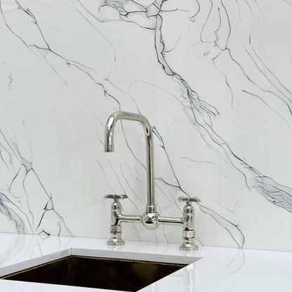 Polished Nickel Classic Bridge Faucet with Ball Center, Sprayer, Cold Water Faucet and Cross Handles