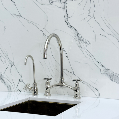 Polished Nickel Kitchen Bridge Faucet with Sprayer, Drinking Water Tap and Cross Handles