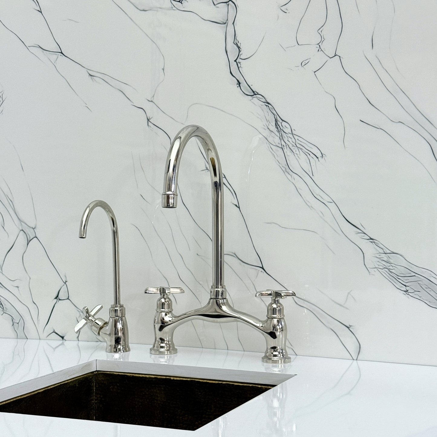Polished Nickel Kitchen Bridge Faucet with Drinking Water Tap, Sprayer, and Cross Handles