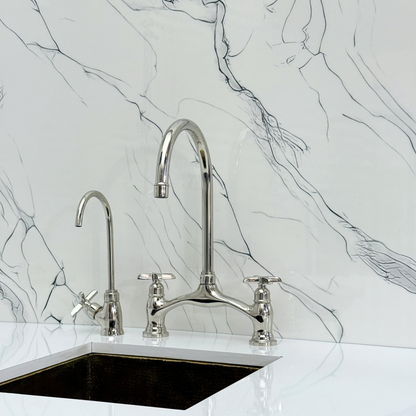Polished Nickel Kitchen Bridge Faucet with Drinking Water Tap, Sprayer, and Cross Handles