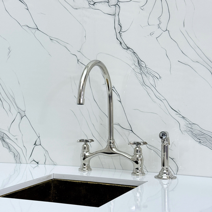 Polished Nickel Kitchen Bridge Faucet with Sprayer, Drinking Water Tap and Cross Handles