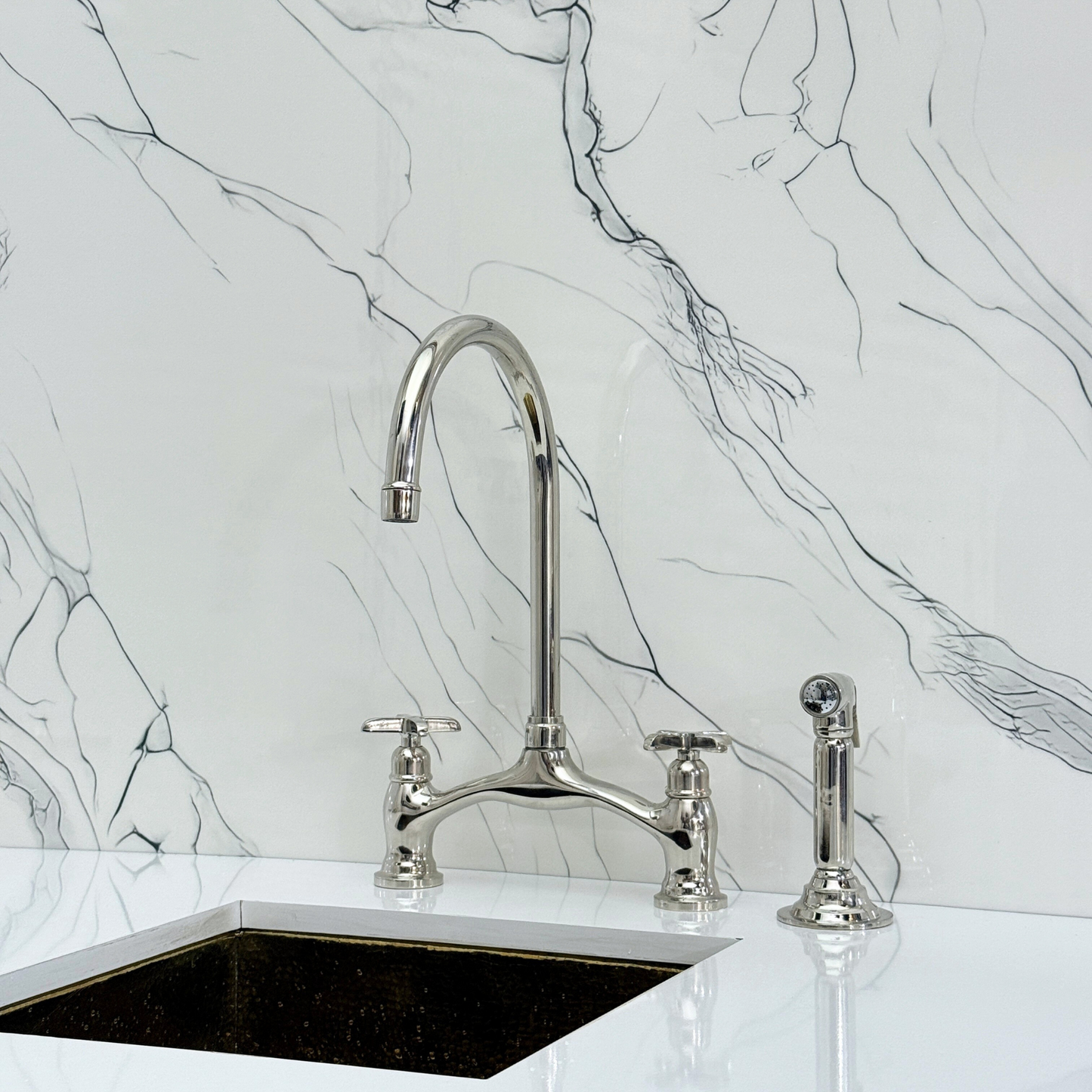 Polished Nickel Kitchen Bridge Faucet with Drinking Water Tap, Sprayer, and Cross Handles