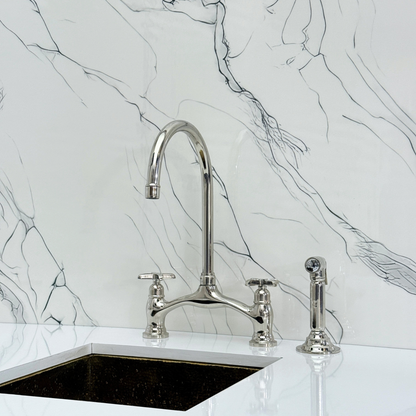 Polished Nickel Kitchen Bridge Faucet with Drinking Water Tap, Sprayer, and Cross Handles