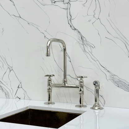 Polished Nickel Classic Bridge Faucet with Sprayer, Cold Water Faucet and Cross Handles