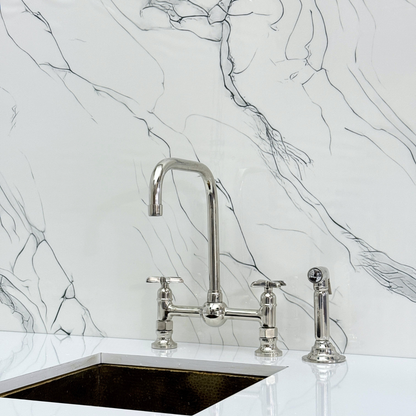 Polished Nickel Classic Bridge Faucet with Ball Center, Sprayer, Cold Water Faucet and Cross Handles