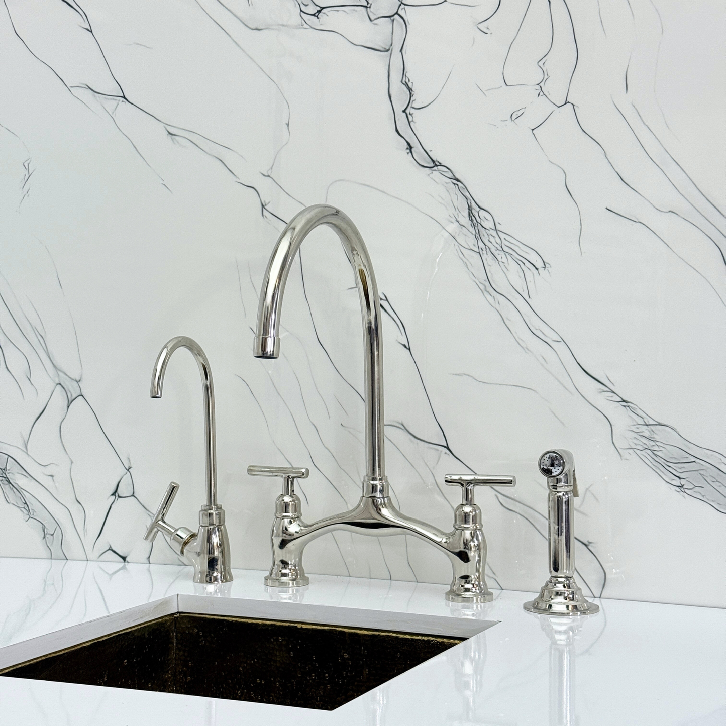 Polished Nickel Kitchen Bridge Faucet with Sprayer, Drinking Water Tap and Lever Handles