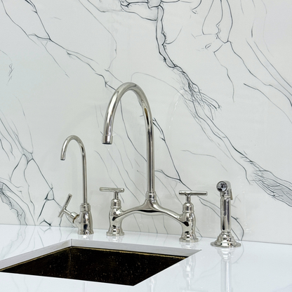 Polished Nickel Kitchen Bridge Faucet with Sprayer, Drinking Water Tap and Lever Handles