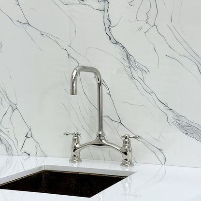 Polished Nickel Vintage Bridge Kitchen Faucet with Sprayer, Drinking Water Tap and Lever Handles