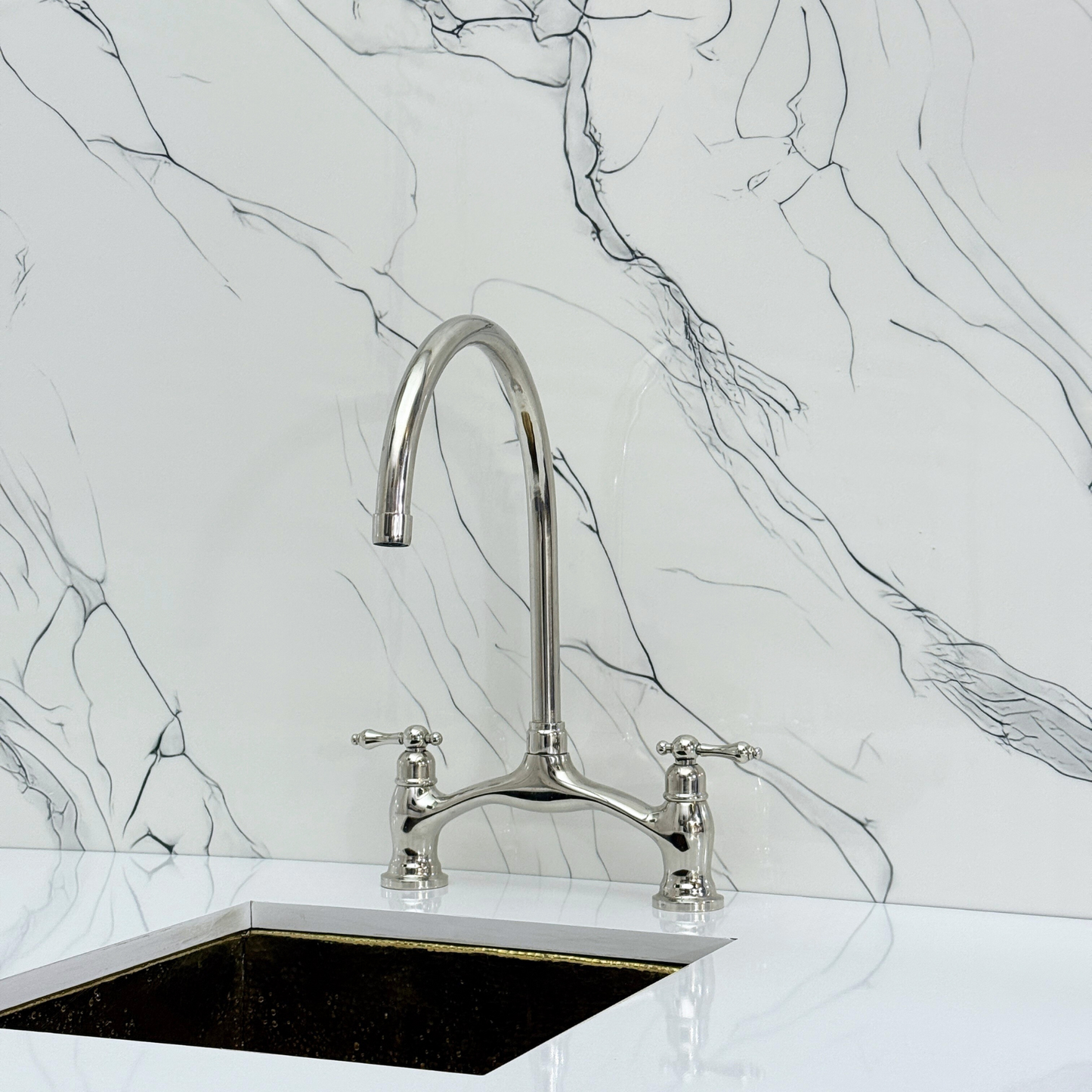 Polished Nickel Kitchen Bridge Faucet with Sprayer, Drinking Water Tap and Lever Handles