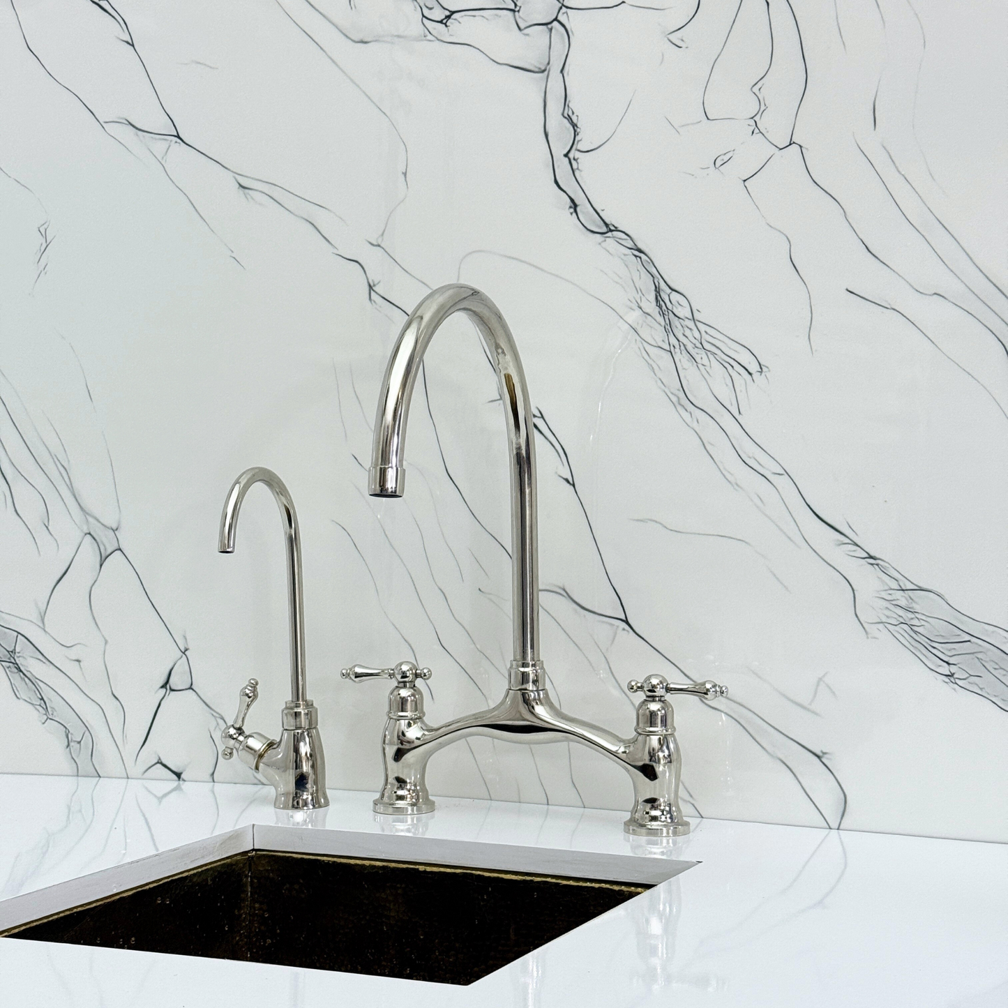 Polished Nickel Kitchen Bridge Faucet with Sprayer, Drinking Water Tap and Lever Handles