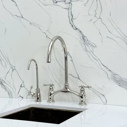 Polished Nickel Kitchen Bridge Faucet with Sprayer, Drinking Water Tap and Lever Handles