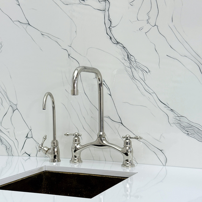 Polished Nickel Vintage Bridge Kitchen Faucet with Sprayer, Drinking Water Tap and Lever Handles