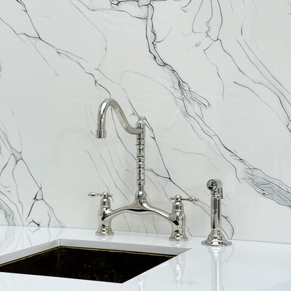 Polished Nickel Victorian Bridge Kitchen Faucet with Sprayer, Drinking Water Tap and Lever Handles