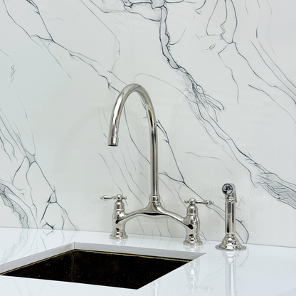 Polished Nickel Kitchen Bridge Faucet with Sprayer, Drinking Water Tap and Lever Handles