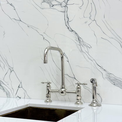Polished Nickel Classic Bridge Faucet with Ball Center, Sprayer, Cold Water Faucet and Lever Handles