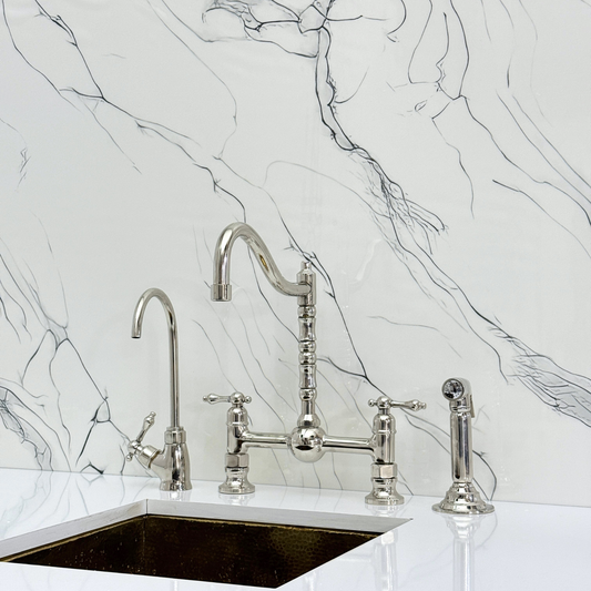 Polished Nickel Victorian Bridge Faucet with Ball Center, Sprayer, Cold Water Faucet, and Lever Handles