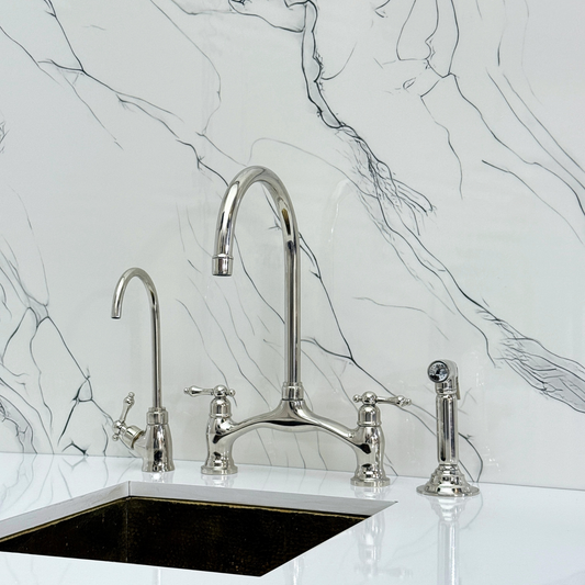 Polished Nickel Kitchen Bridge Faucet with Drinking Water Tap, Sprayer, and Lever Handles
