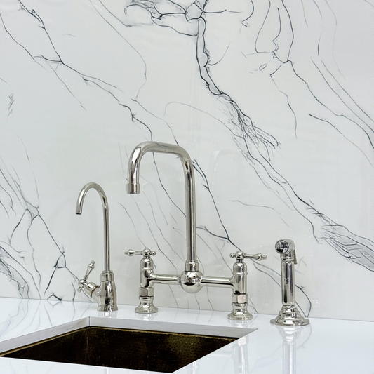 Polished Nickel Classic Bridge Faucet with Ball Center, Sprayer, Cold Water Faucet and Lever Handles