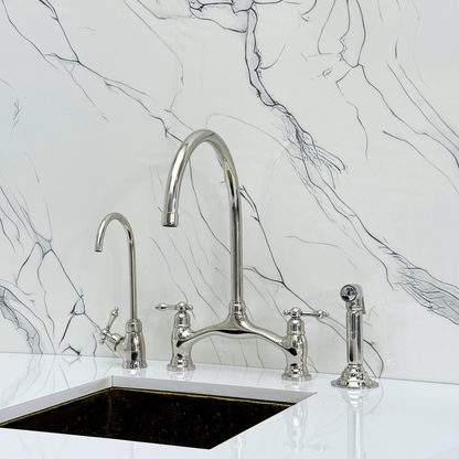 Polished Nickel Kitchen Bridge Faucet with Sprayer, Drinking Water Tap and Lever Handles