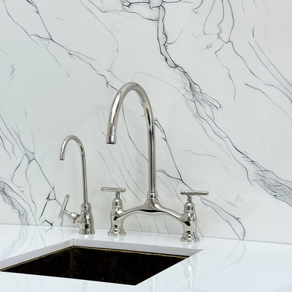 Polished Nickel Kitchen Bridge Faucet with Sprayer, Drinking Water Tap and Lever Handles