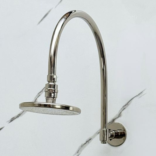 Polished Nickel Flat Rain Shower Head with Arcuate Arm, Adjustable Nickel Shower Head