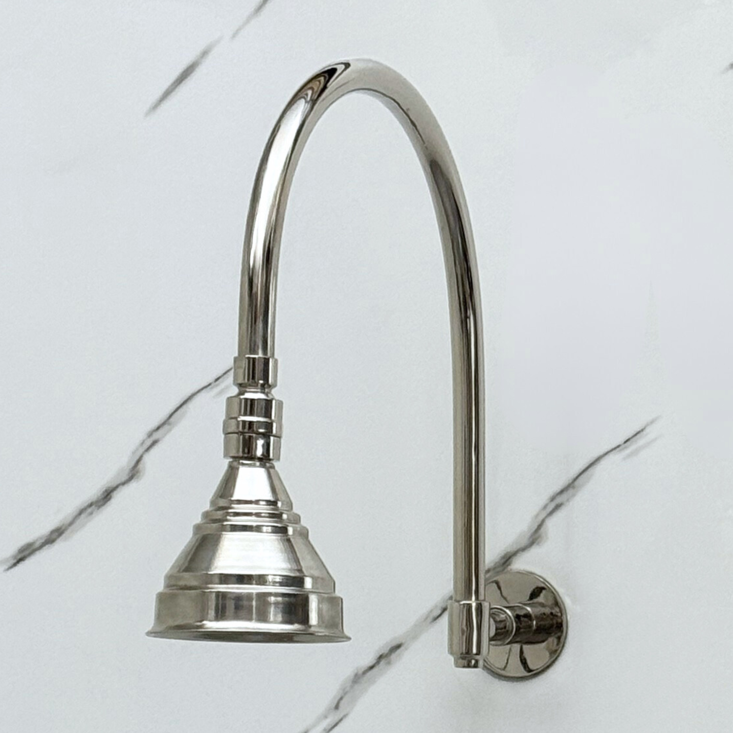 Polished Nickel Rain Shower Head with Arcuate Arm, Adjustable Nickel Shower Head