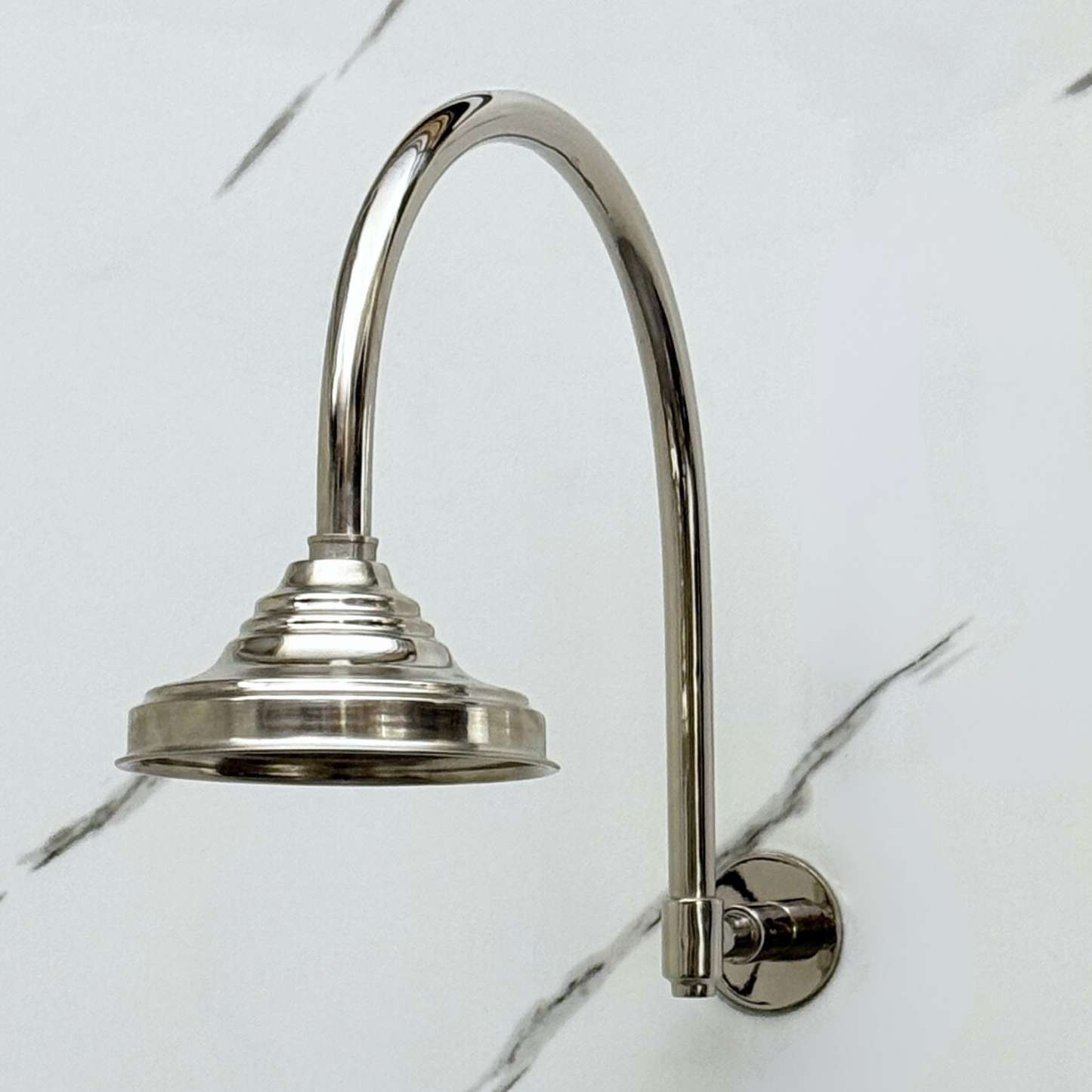Polished Nickel Rain Shower Head with Arcuate Arm, Adjustable Nickel Shower Head