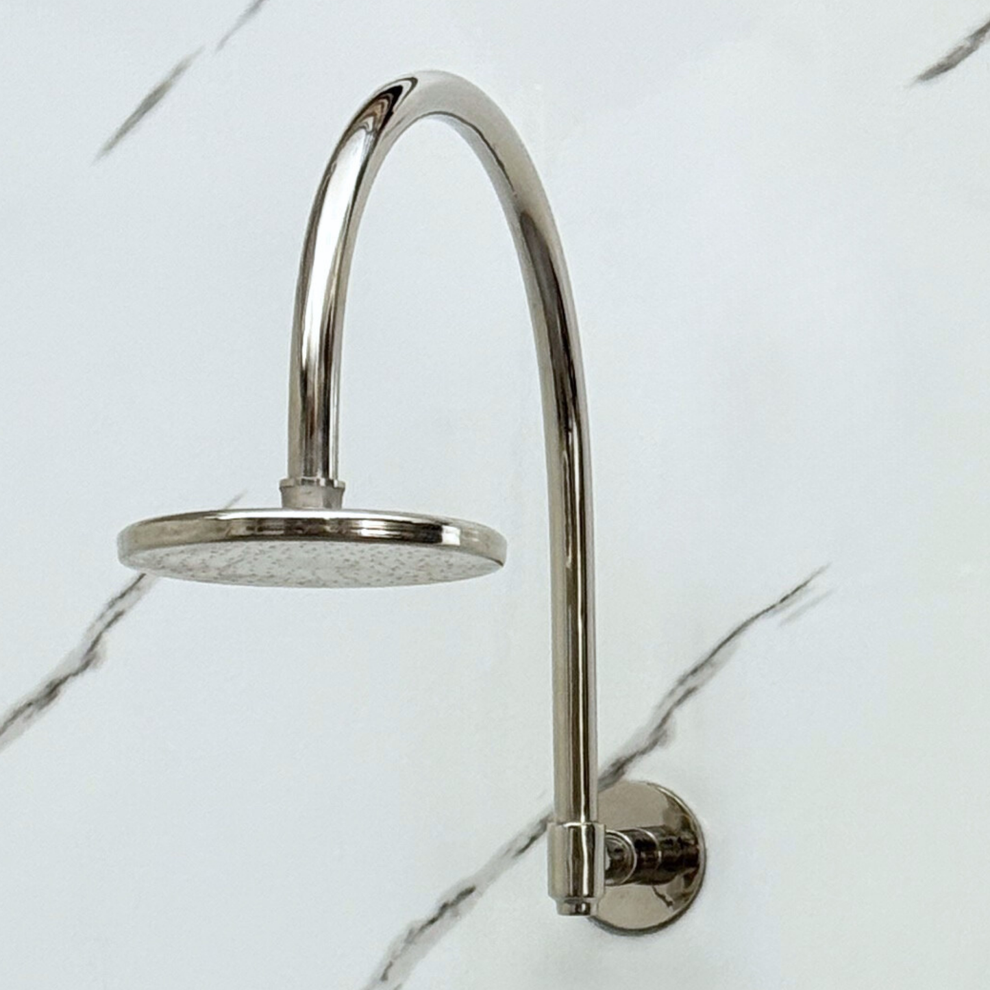 Polished Nickel Flat Rain Shower Head with Arcuate Arm, Adjustable Nickel Shower Head