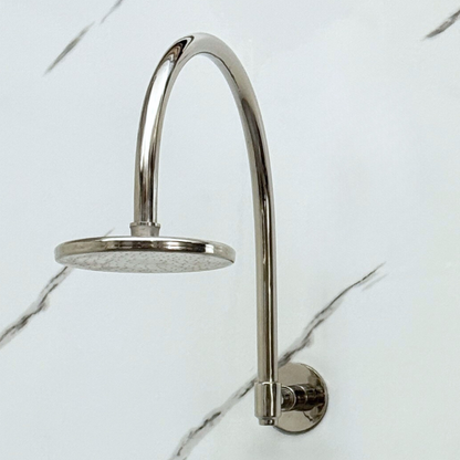 Polished Nickel Flat Rain Shower Head with Arcuate Arm, Adjustable Nickel Shower Head