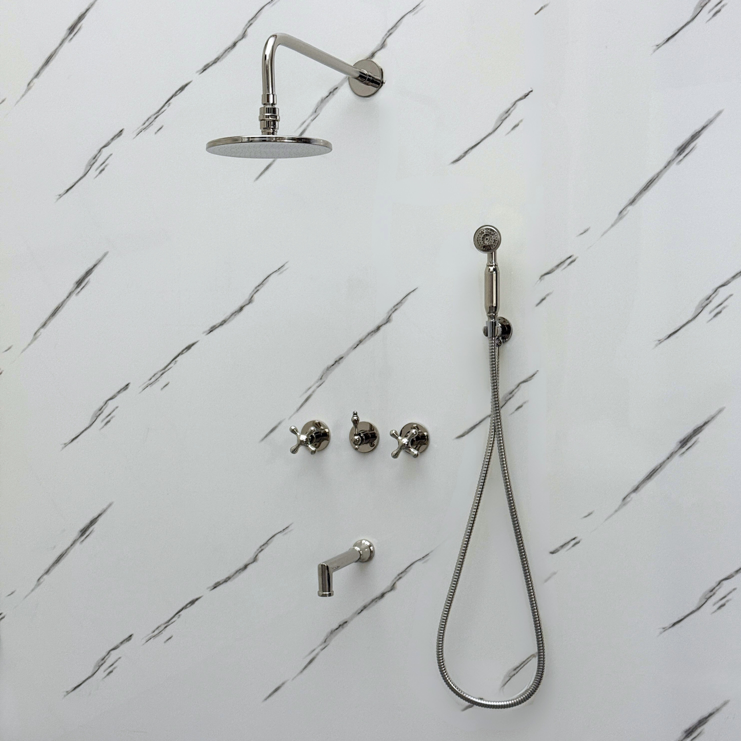 Polished Nickel Shower System with Adjustable Flat Round Rain Shower Head, Handheld Shower Head, Tub Filler and Cross Handles