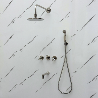 Polished Nickel Shower System with Adjustable Flat Round Rain Shower Head, Handheld Shower Head, Tub Filler and Cross Handles