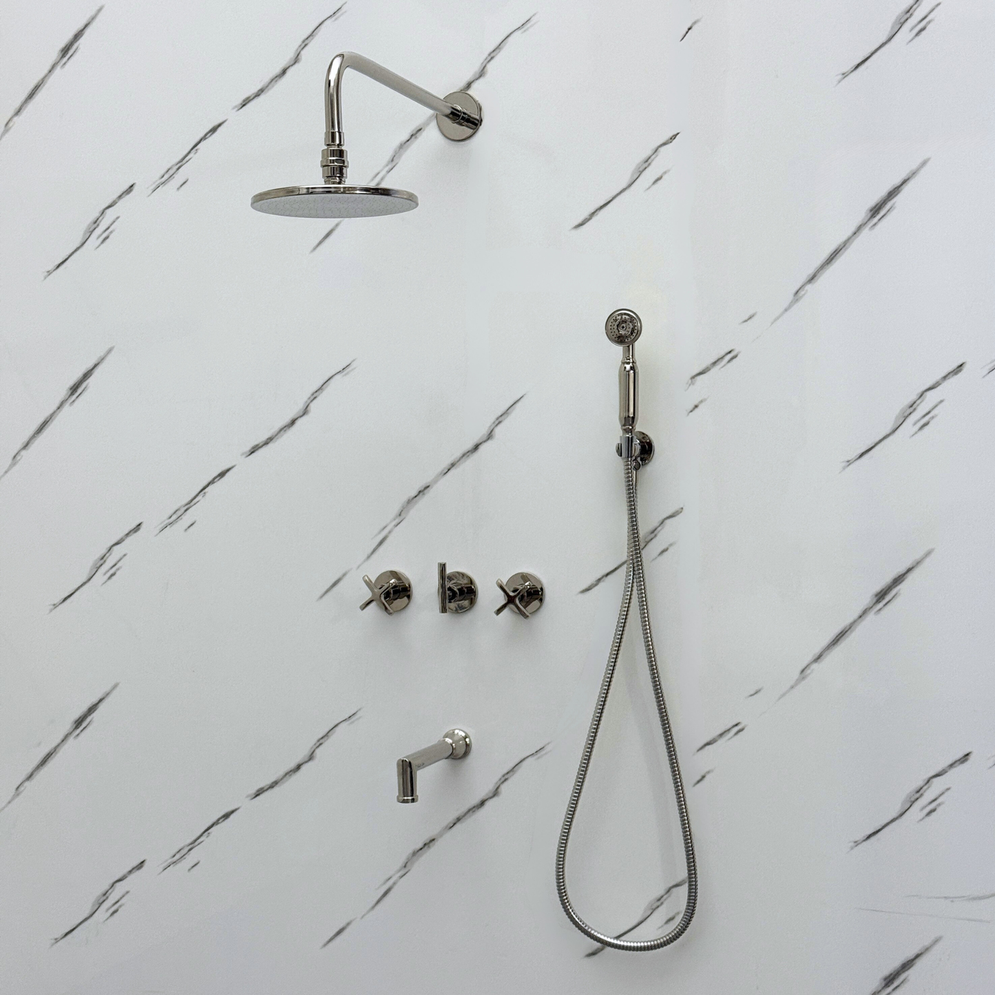 Polished Nickel Shower System with Adjustable Flat Round Rain Shower Head, Handheld Shower Head, Tub Filler and Cross Handles